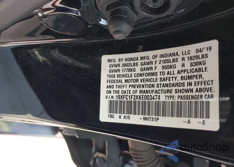 2019 Honda Civic Ex из США, поврежденный, VIN 19XFC1F3XKE003474